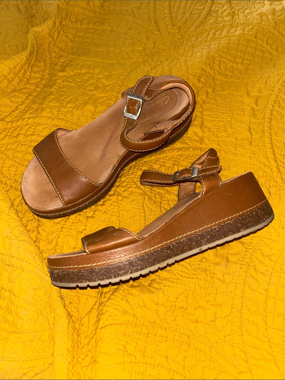 Clarks Tan Leather Slingback Wedge Sandals - Picture 2 of 8